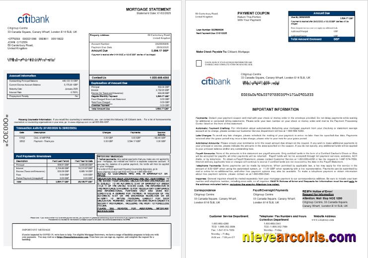United Kingdom Citibank bank mortgage statement 1-2